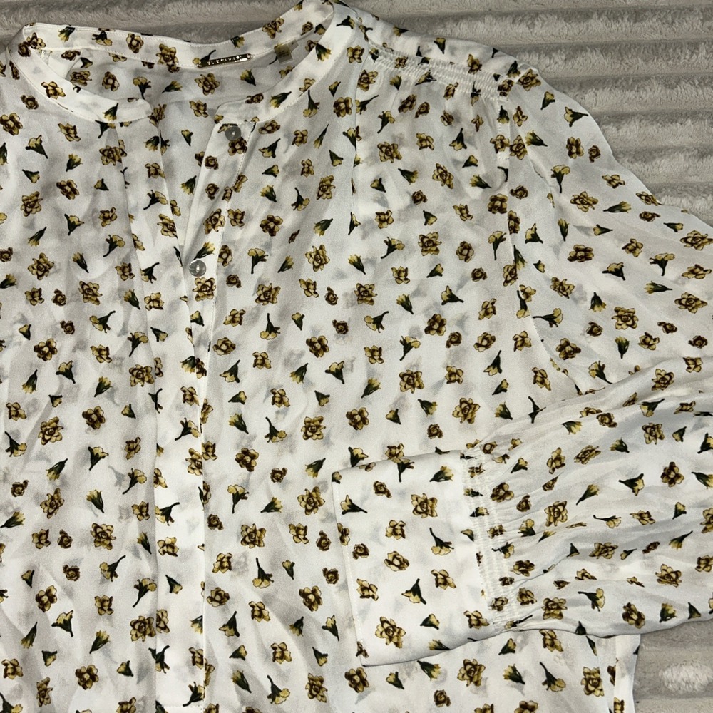Elie Tahari Blouse‎ Medium Beige  Floral Long Sleeve Silk Shirt Blouse - Picture 7 of 8